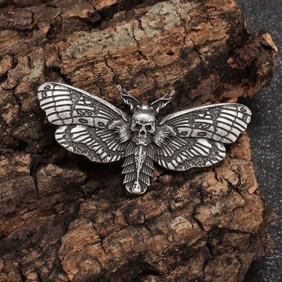 Jewelry - Gothic Death Moth Brooch, Antique Silver tone, Lightweight, Engraved det…